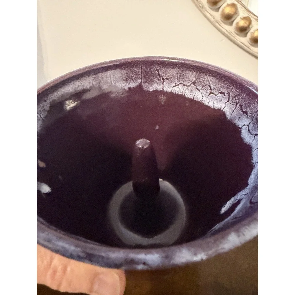 Studio Pottery Apple Baker Purple Drip Glaze Signed on Bottom Stoneware 5